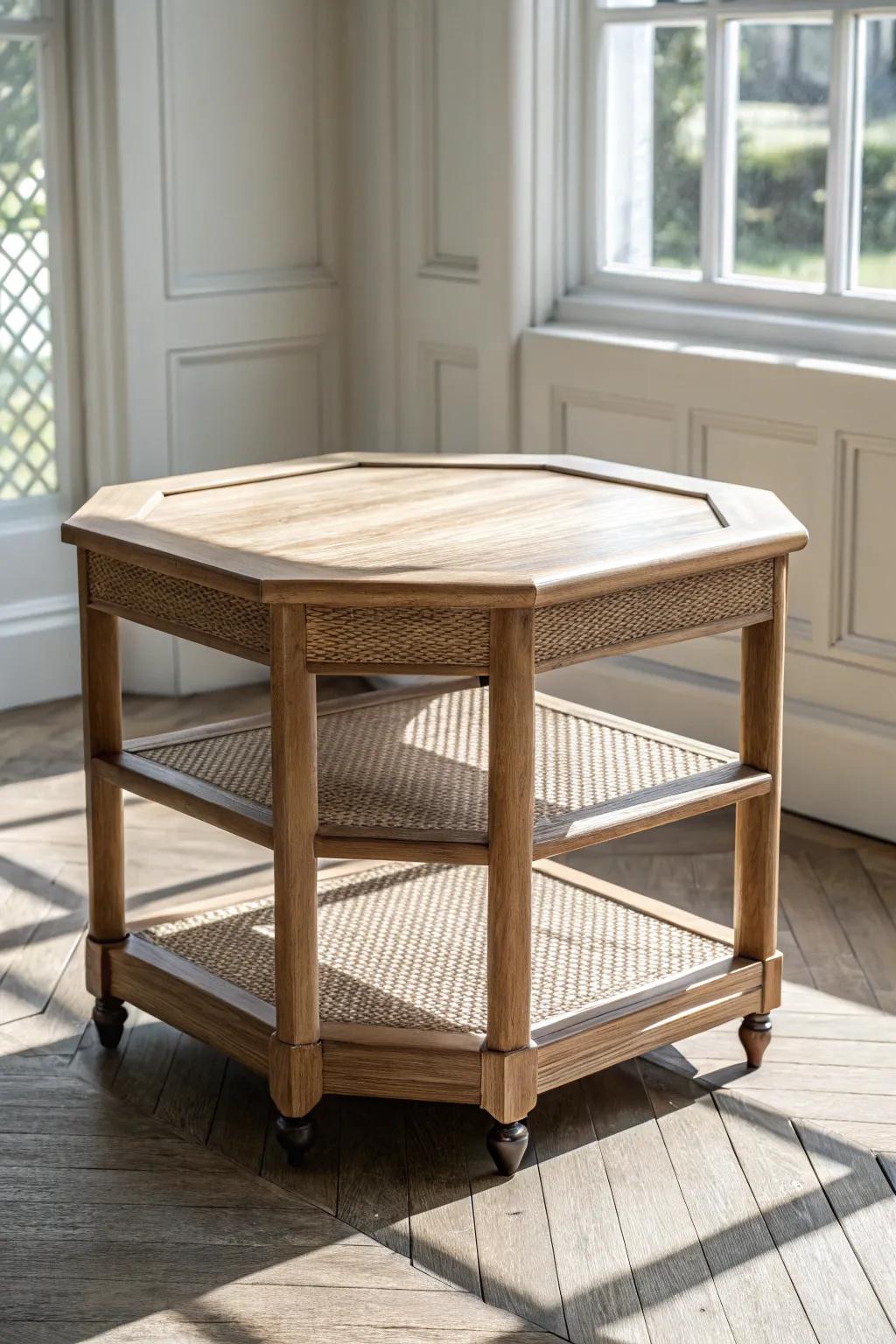 A hidden-caster bay window table that rolls with the sun—custom fit, effortless beauty.
