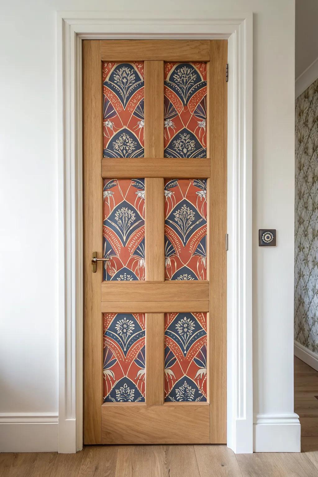Make a paneled door a statement piece with removable wallpaper—bold, easy, and renter-friendly.