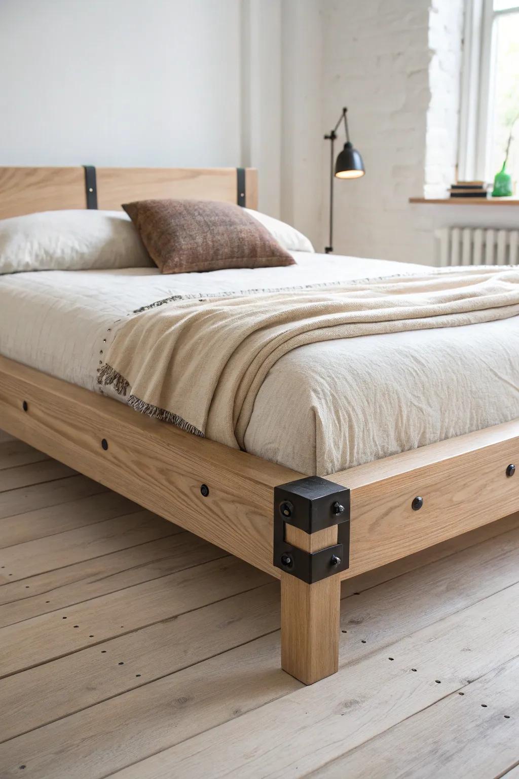 Pale oak platform bed with bold black metal strap corners—minimal, modern, maker-made.