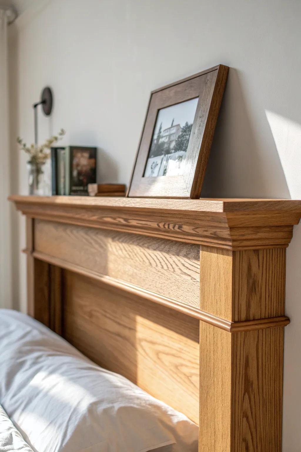 Chunky mantel-style headboard shelf—perfect for layering art above your pillows.