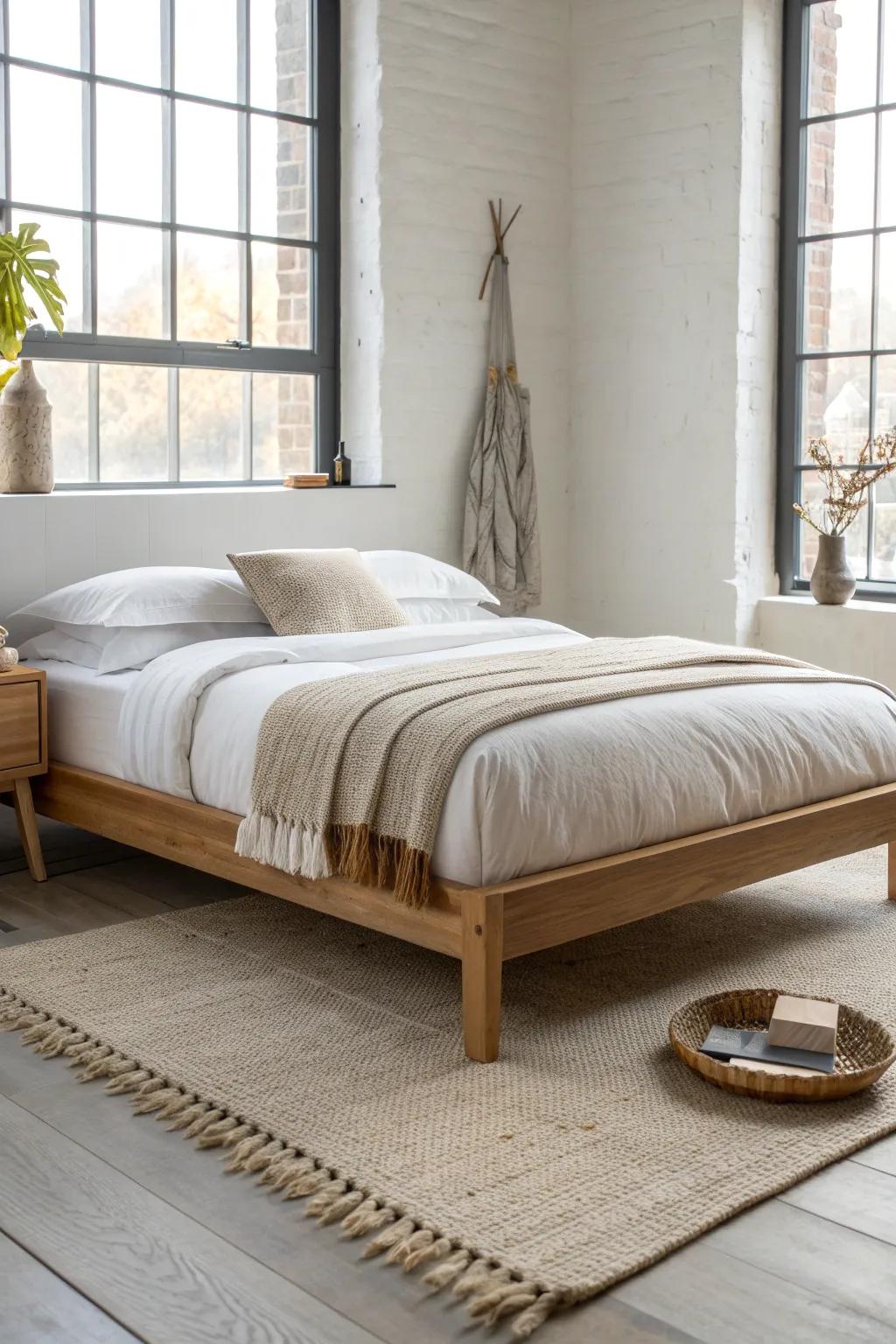 Low oak platform bed with crisp neutrals and a woven rug—zen calm with crafted warmth.