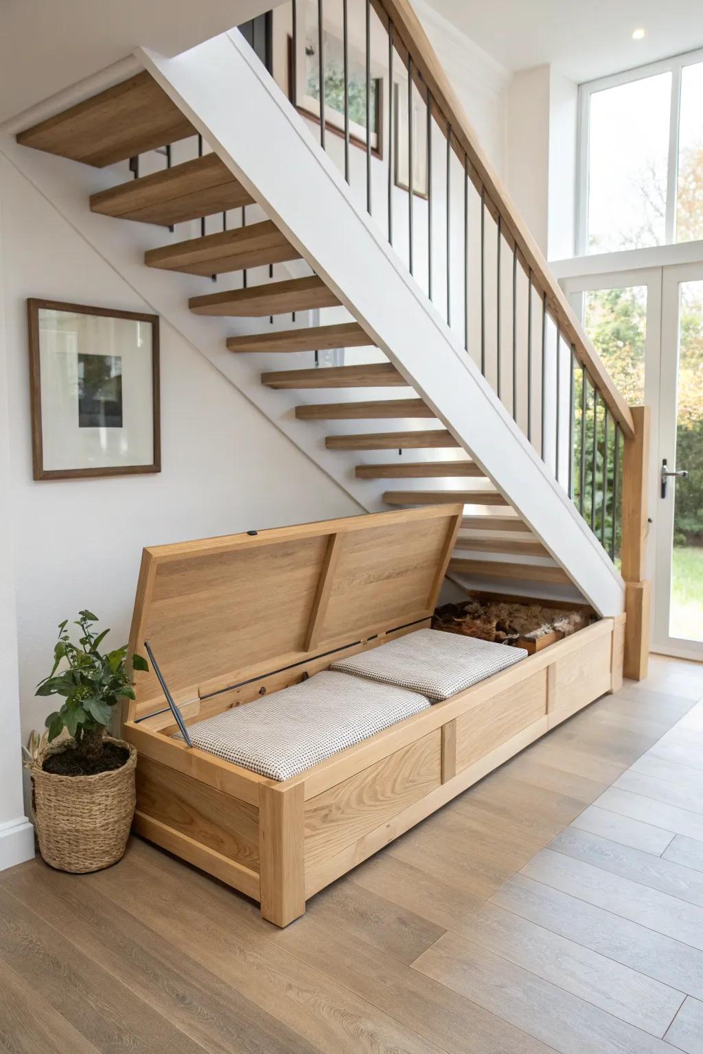 Flip-top bench under the stairs—casual seating by day, a comfy guest bed in seconds.