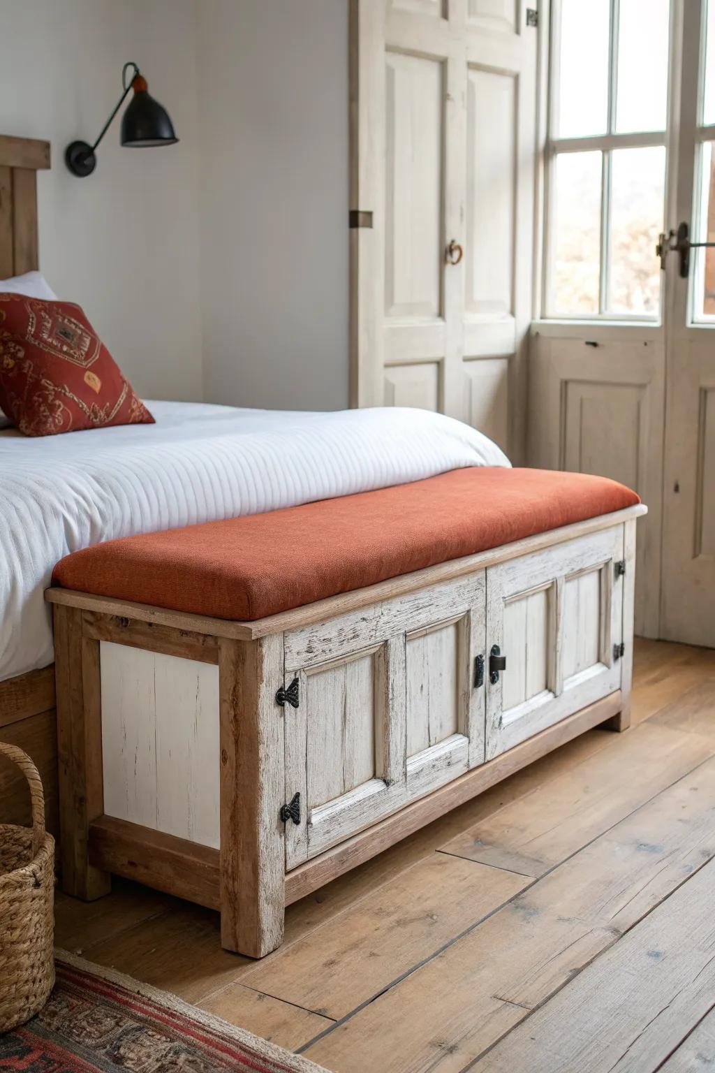 Reclaimed door bench makeover—bold terracotta meets weathered wood at the foot of the bed.