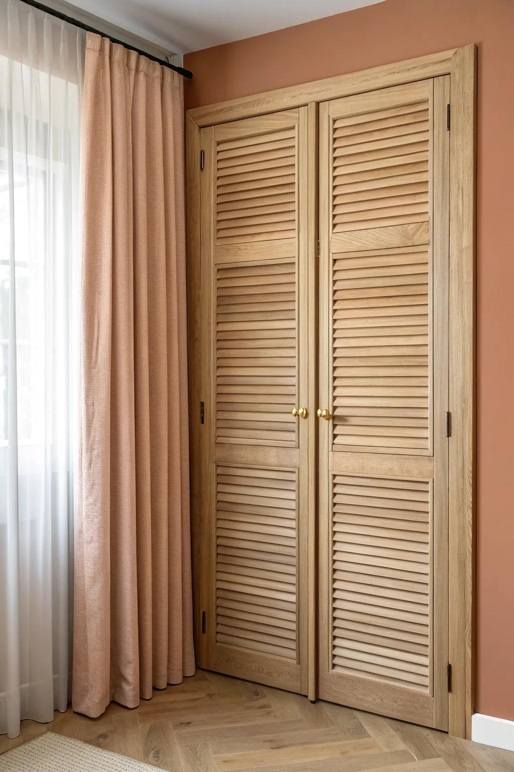Light oak louvered closet door—airy slats, warm stain, and bold terracotta contrast.