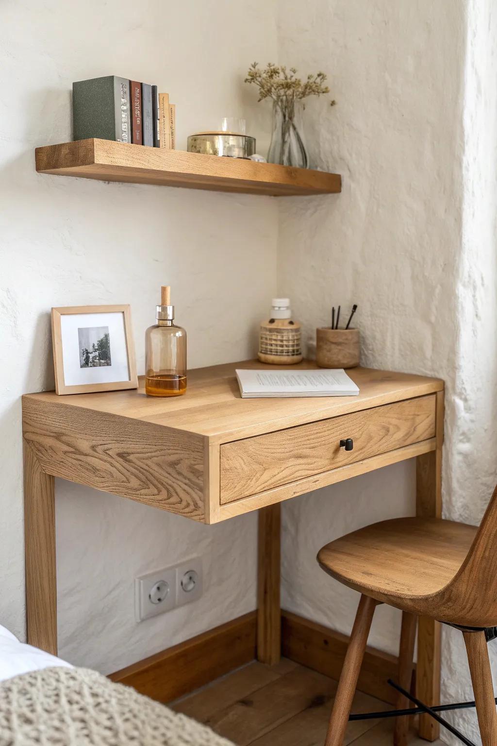 A sleek oak corner vanity shelf that turns a bedroom nook into a calm, vertical beauty zone.