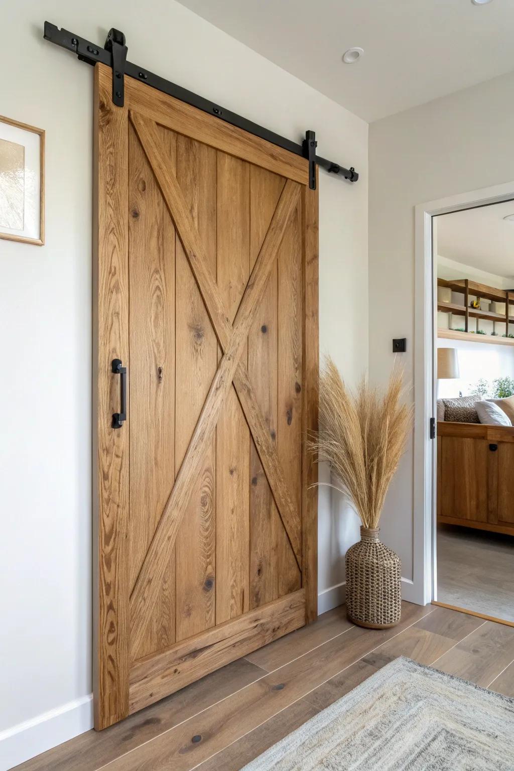 Warm reclaimed wood meets matte black hardware—build a sliding barn door with modern calm.
