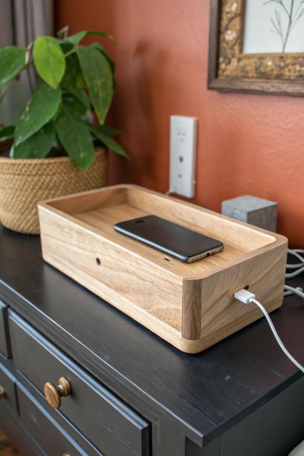 Hide the cable chaos with a handcrafted wooden charging box—calm, clean, and chic.