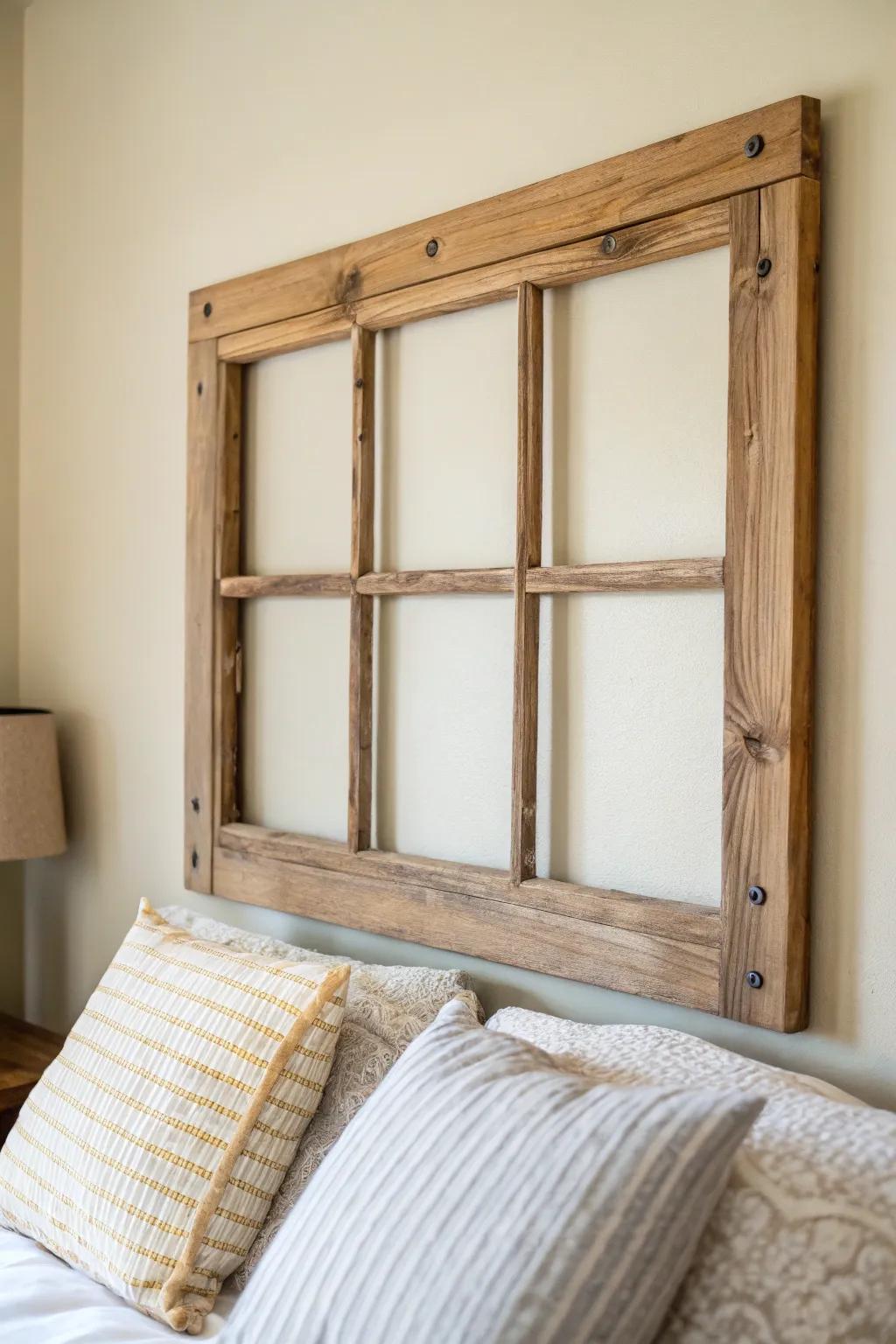 Vintage window frame headboard—architectural charm with warm wood, bold patina, and airy minimalism.