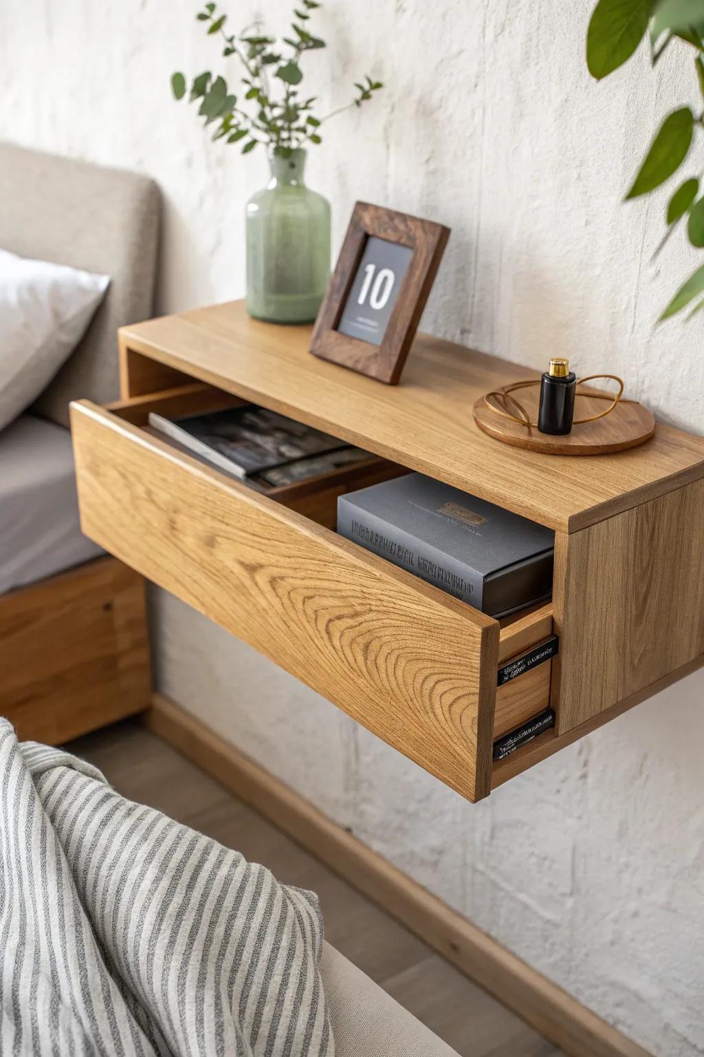 A minimalist oak ledge with a flip-top secret compartment—hidden storage that feels like magic.