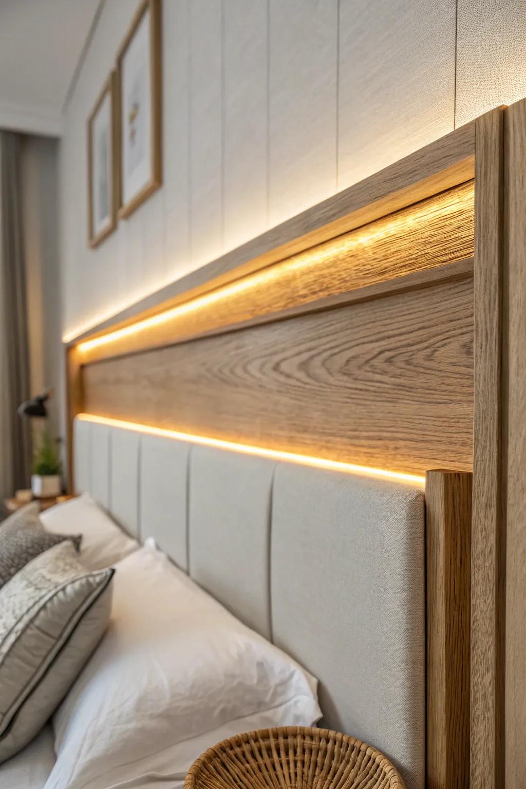 Hidden LED glow behind slim oak molding for a cozy, modern halo headboard wall.