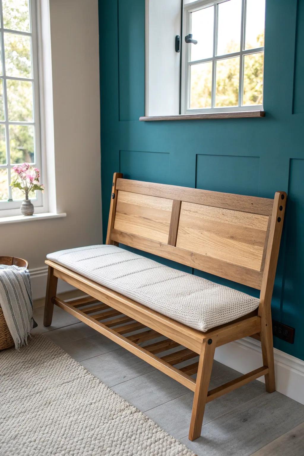 A flip-down oak bench delivers instant bedroom seating—without taking up precious floor space.