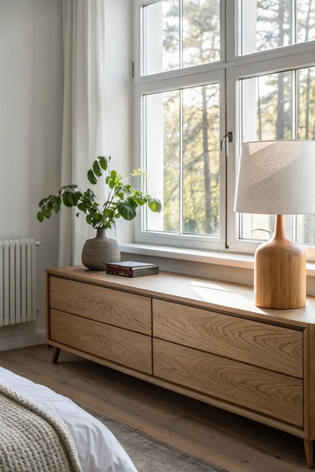A low oak sideboard under the window—clean lines, warm light, and decor that stays below the sill.