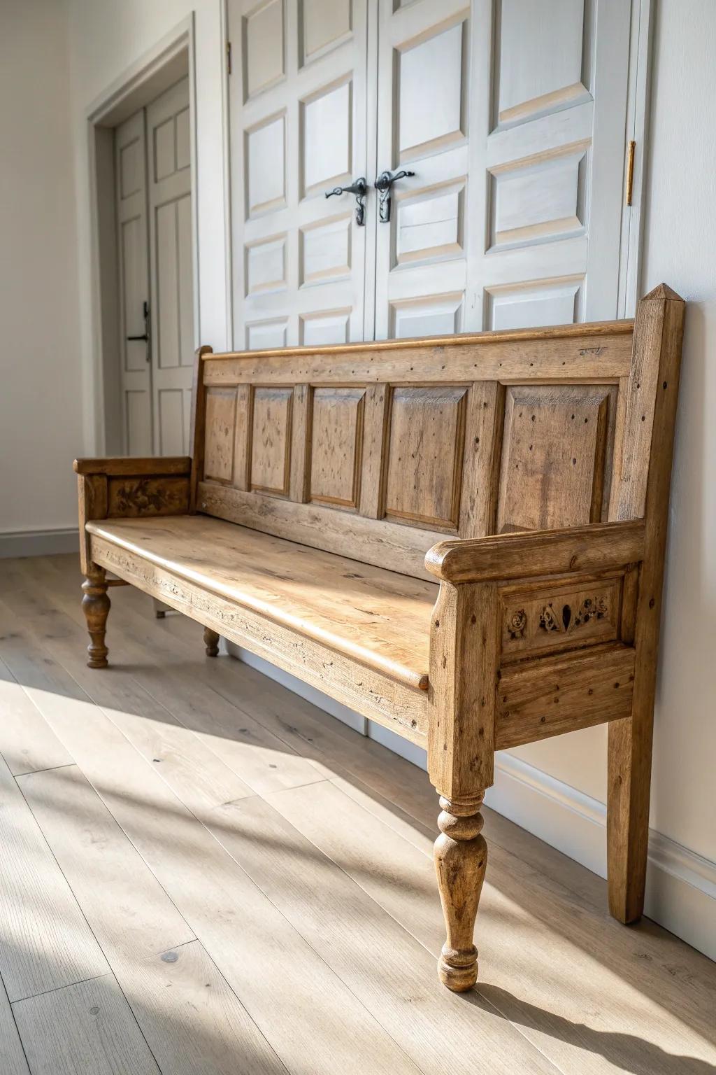 A reclaimed door bench that keeps every ding and mark—minimal, boho-warm, and full of story.