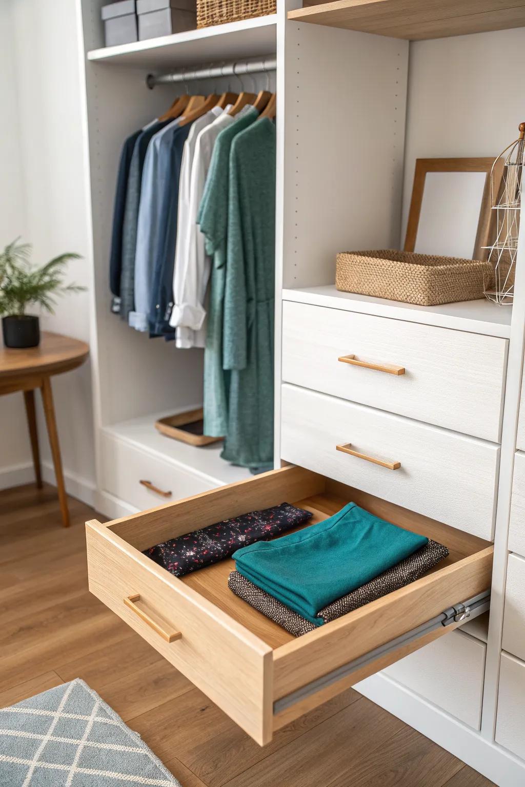 A sleek slide-out top-shelf tray keeps seasonal bins easy to grab in a bifold closet.