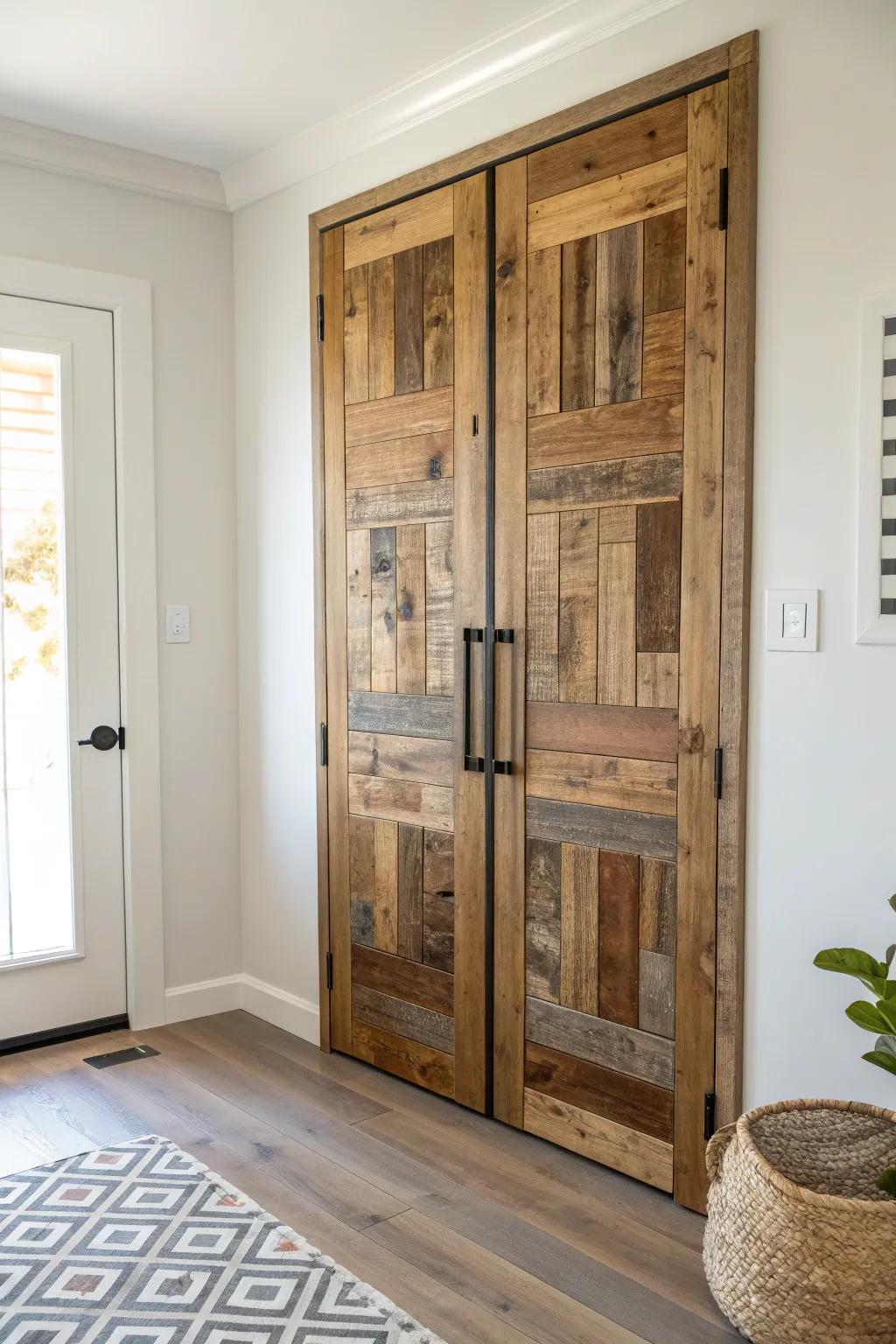 Reclaimed wood patchwork bifold door—bold grain, rich contrast, and handmade wall-art vibes.