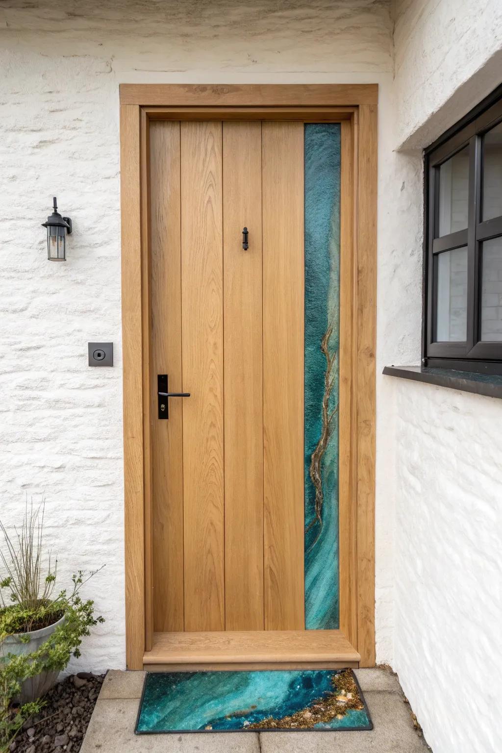 Oversized oak door with a sapphire resin “river” inlay—minimal, bold, and pure craftsmanship.