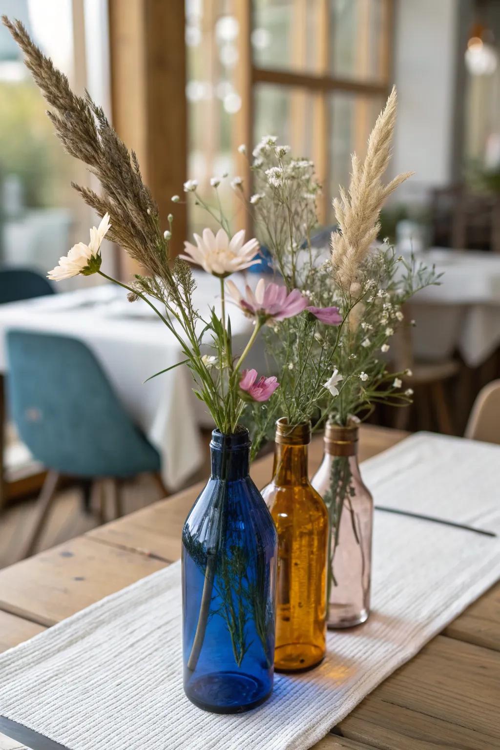 Upcycled bottle bud vases—three heights for a minimalist Scandi bistro-table centerpiece.