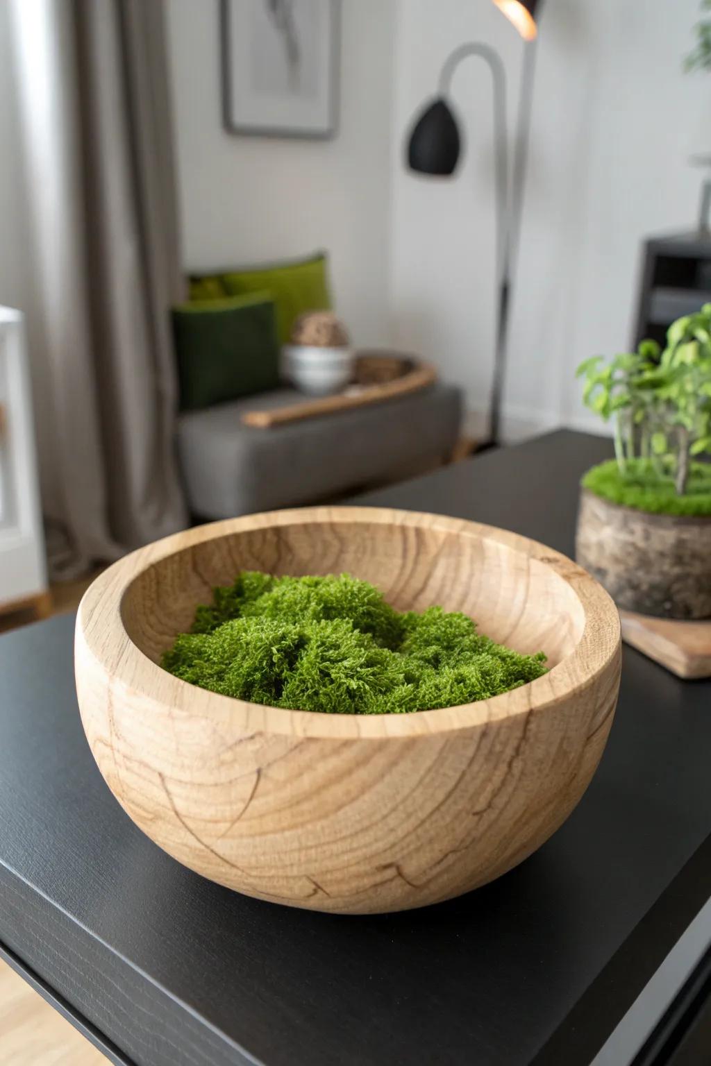 A lush moss bowl on a black coffee table—an earthy mini nature moment with bold contrast.