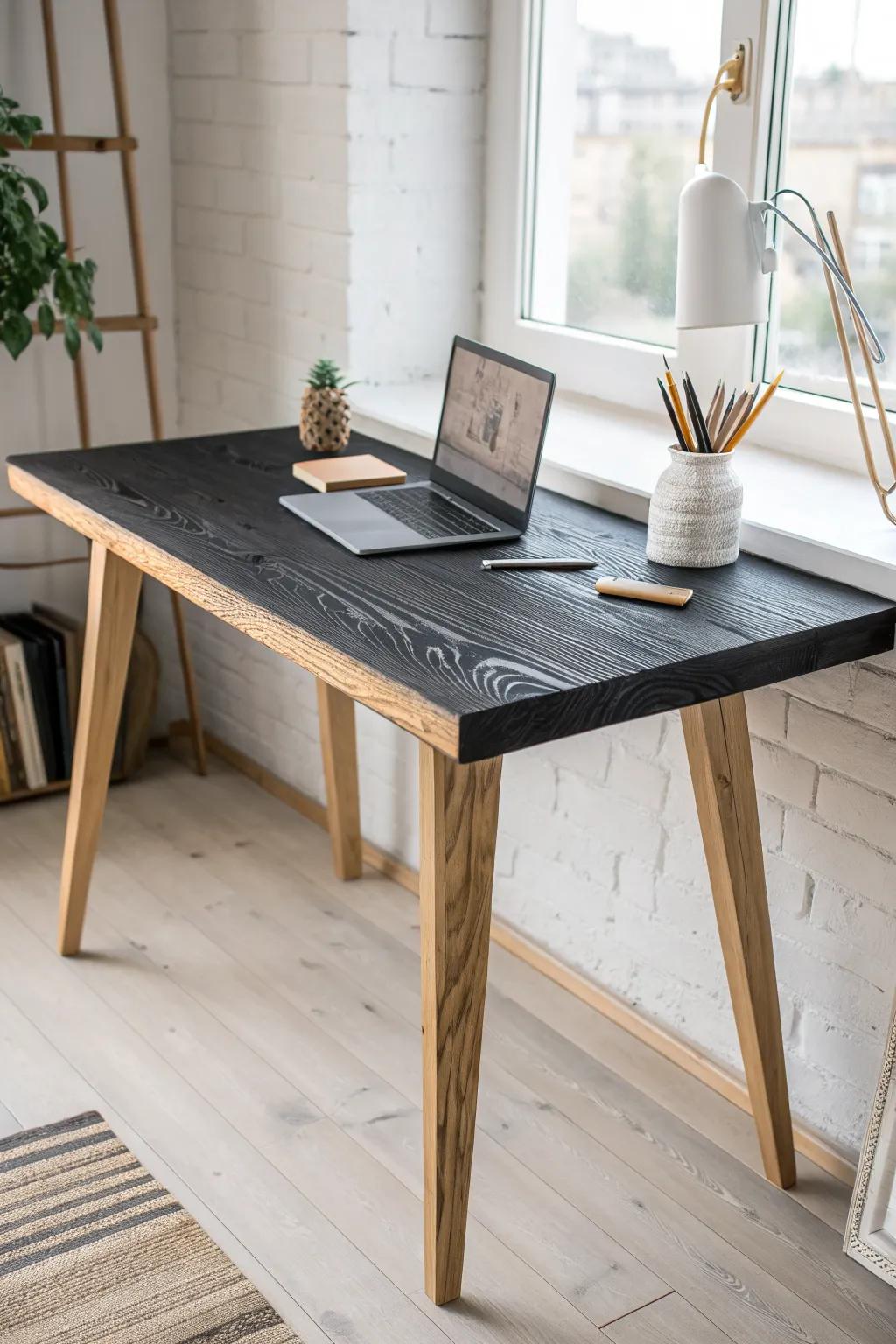 A statement black desk with a Shou Sugi Ban charred top—matte, tactile, and sleekly sealed.