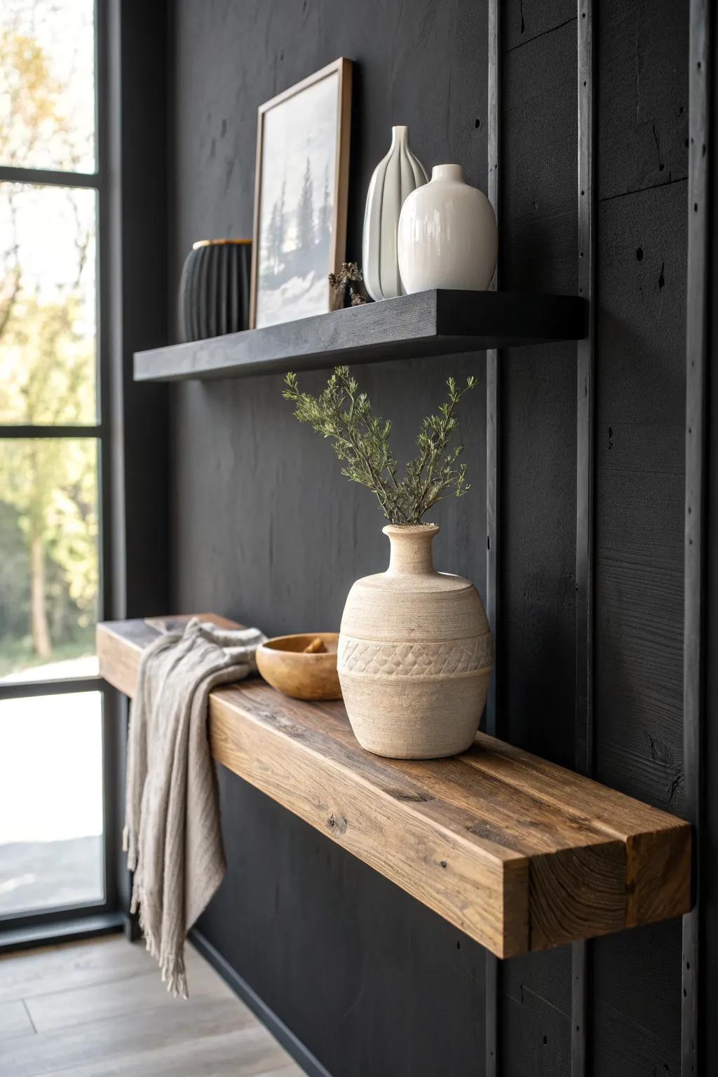 Black-on-black floating shelf styling: moody, minimal, and made warm with texture.