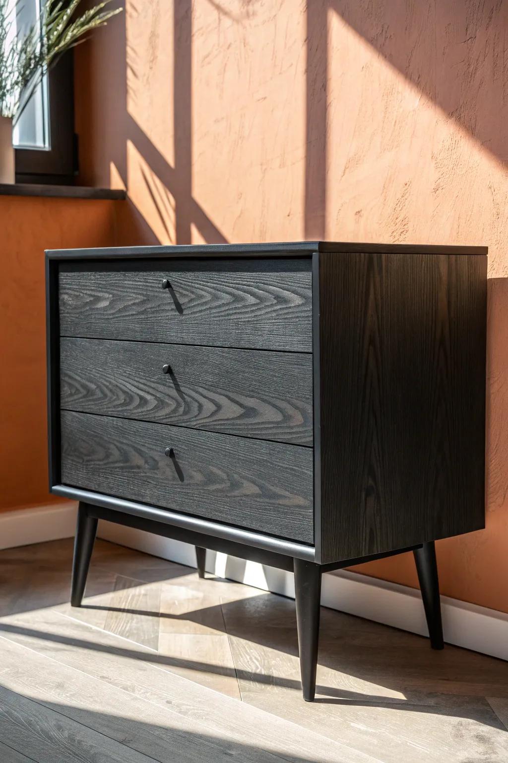 Matte + glossy black on one wood dresser—subtle sheen contrast that feels luxe and minimalist.