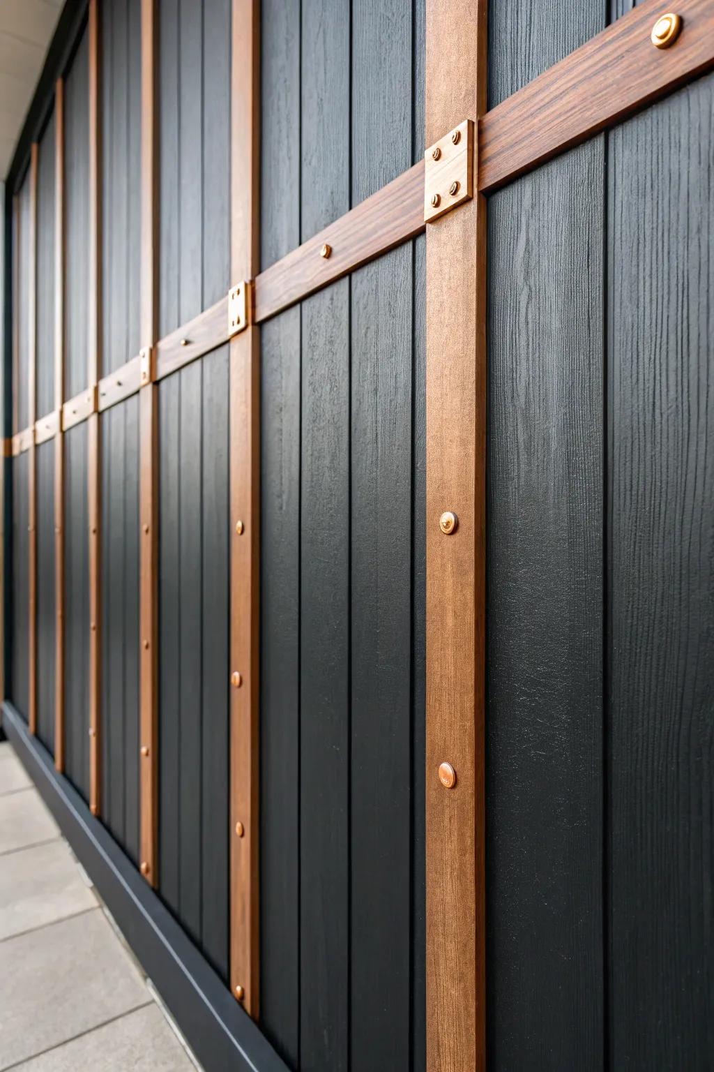 Matte black paneling gets a rugged upgrade with warm metal straps for an industrial-chic glow.