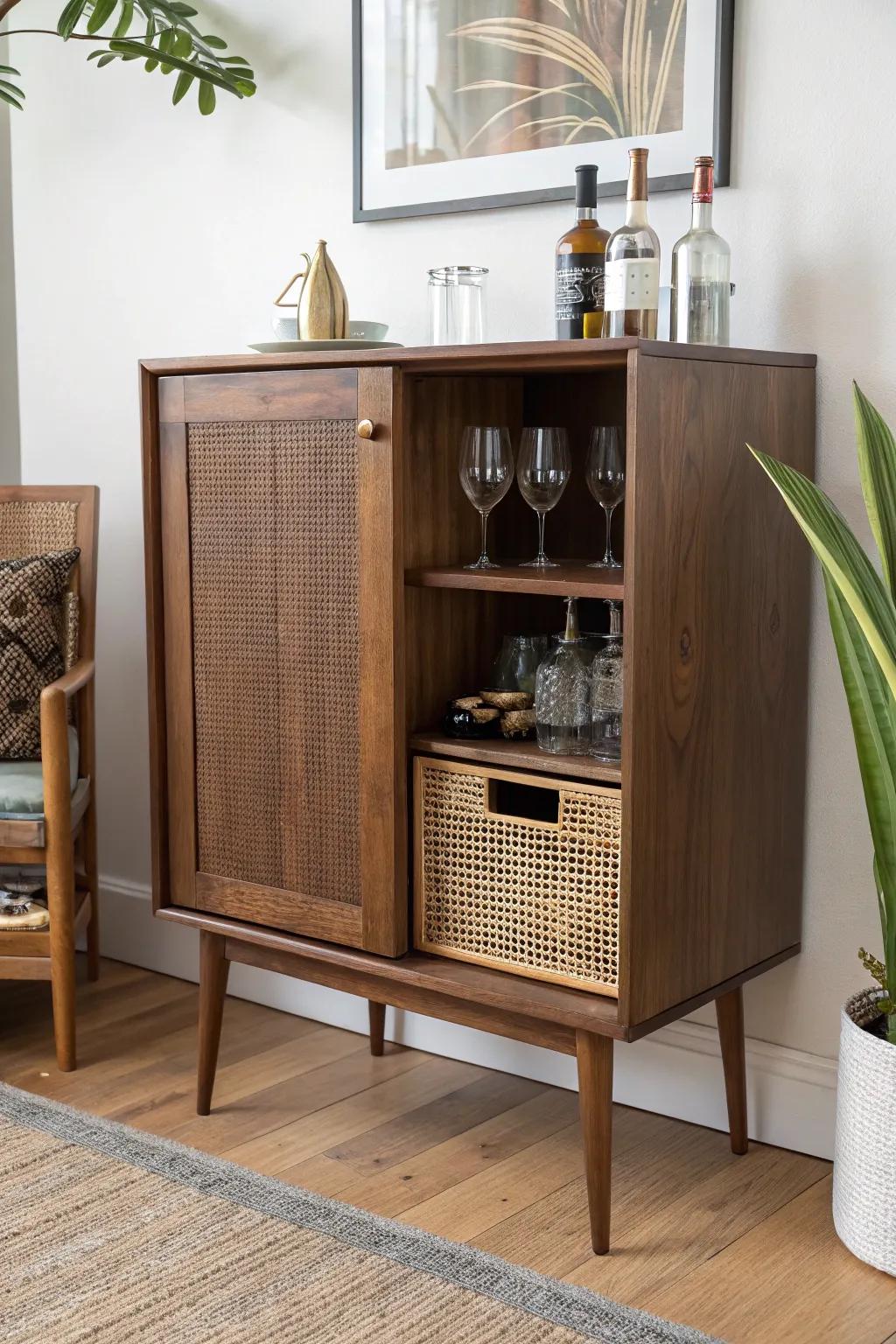Black walnut bar cabinet with hidden storage and a luxe pull-out mixing shelf—sleek & cozy.