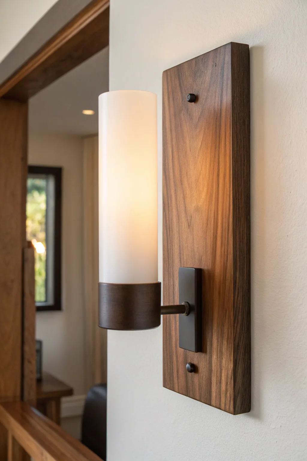 Slim black walnut wall sconce backplate—deep grain, clean lines, and a cozy soft glow.