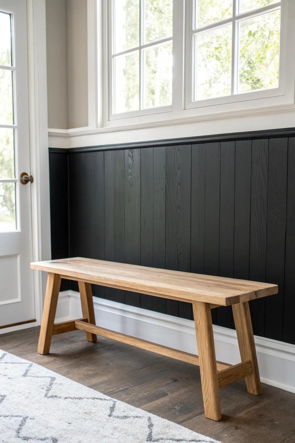 Black shiplap + crisp white trim, warmed up with handmade oak for cozy contrast.