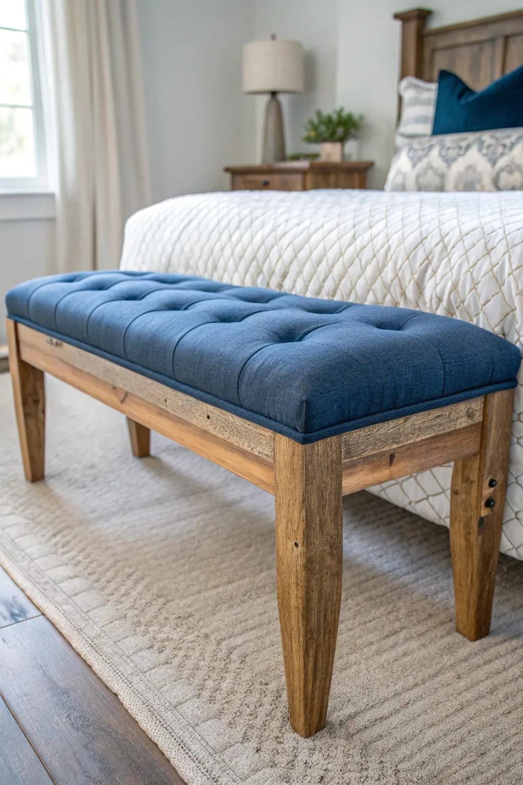 Rustic wood bench with bold blue upholstery—minimal farmhouse style with warm handcrafted charm.