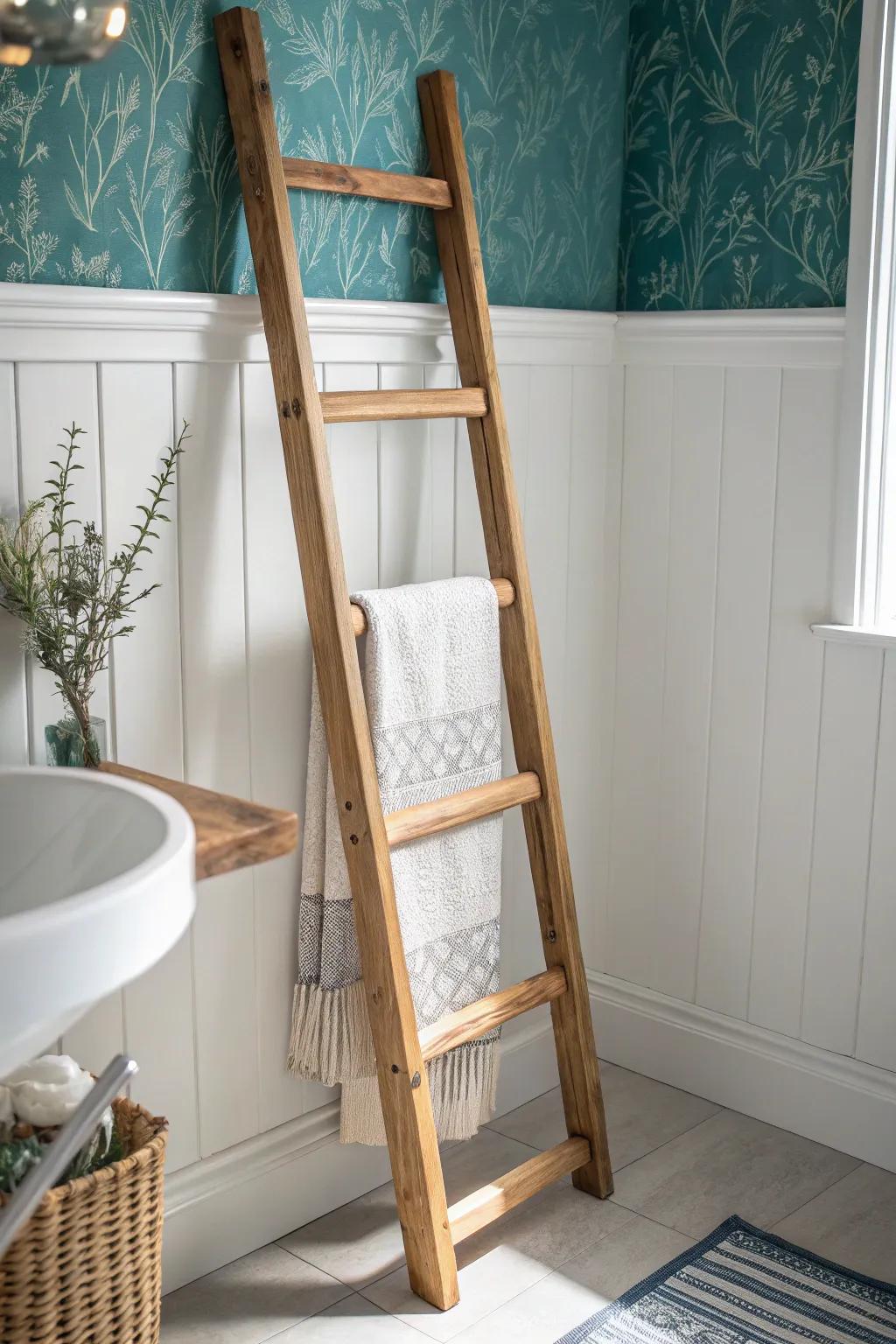 Light oak towel ladder + board-and-batten with bold wallpaper above for a layered designer look.