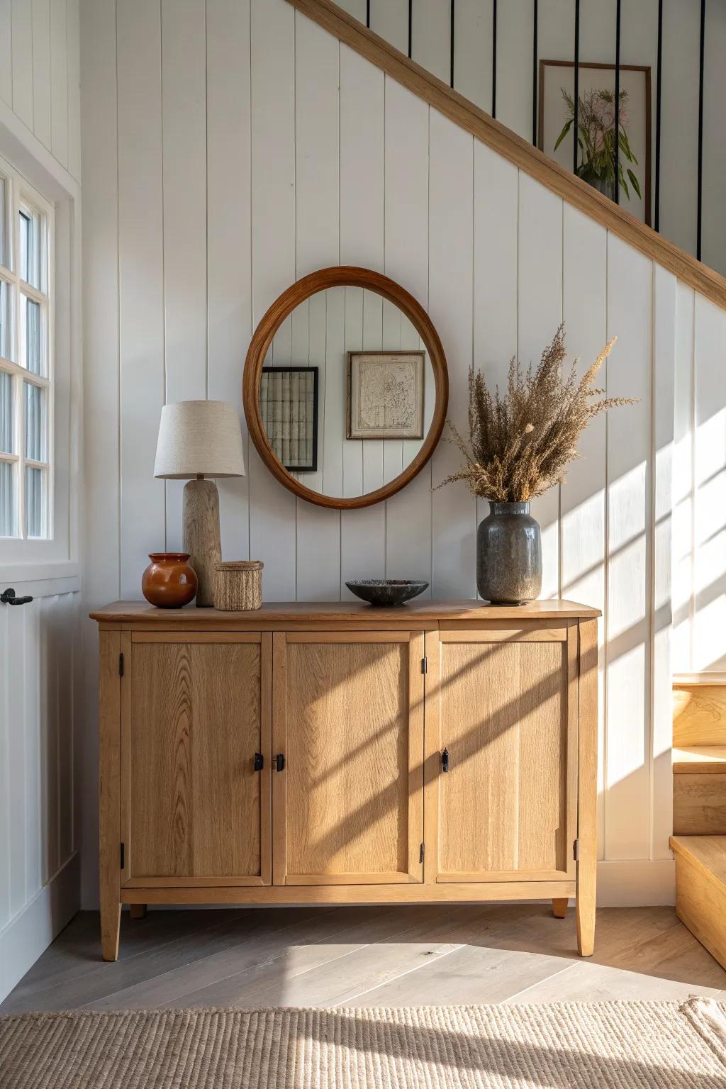A warm oak sideboard pops against crisp board-and-batten for a clean, styled serving moment.