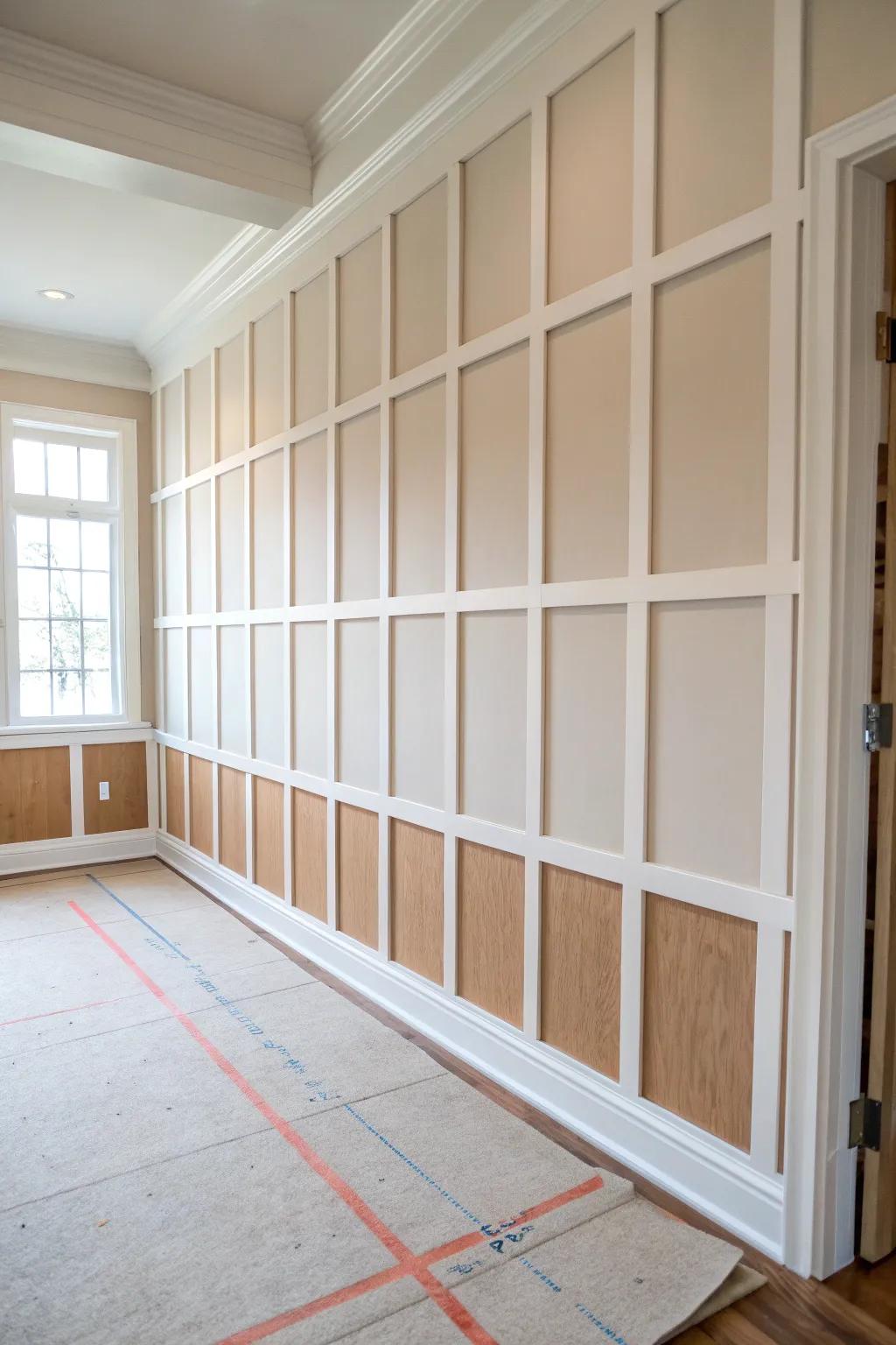 Box-grid board & batten wainscoting—tape-first layout for perfectly balanced, clean panels.
