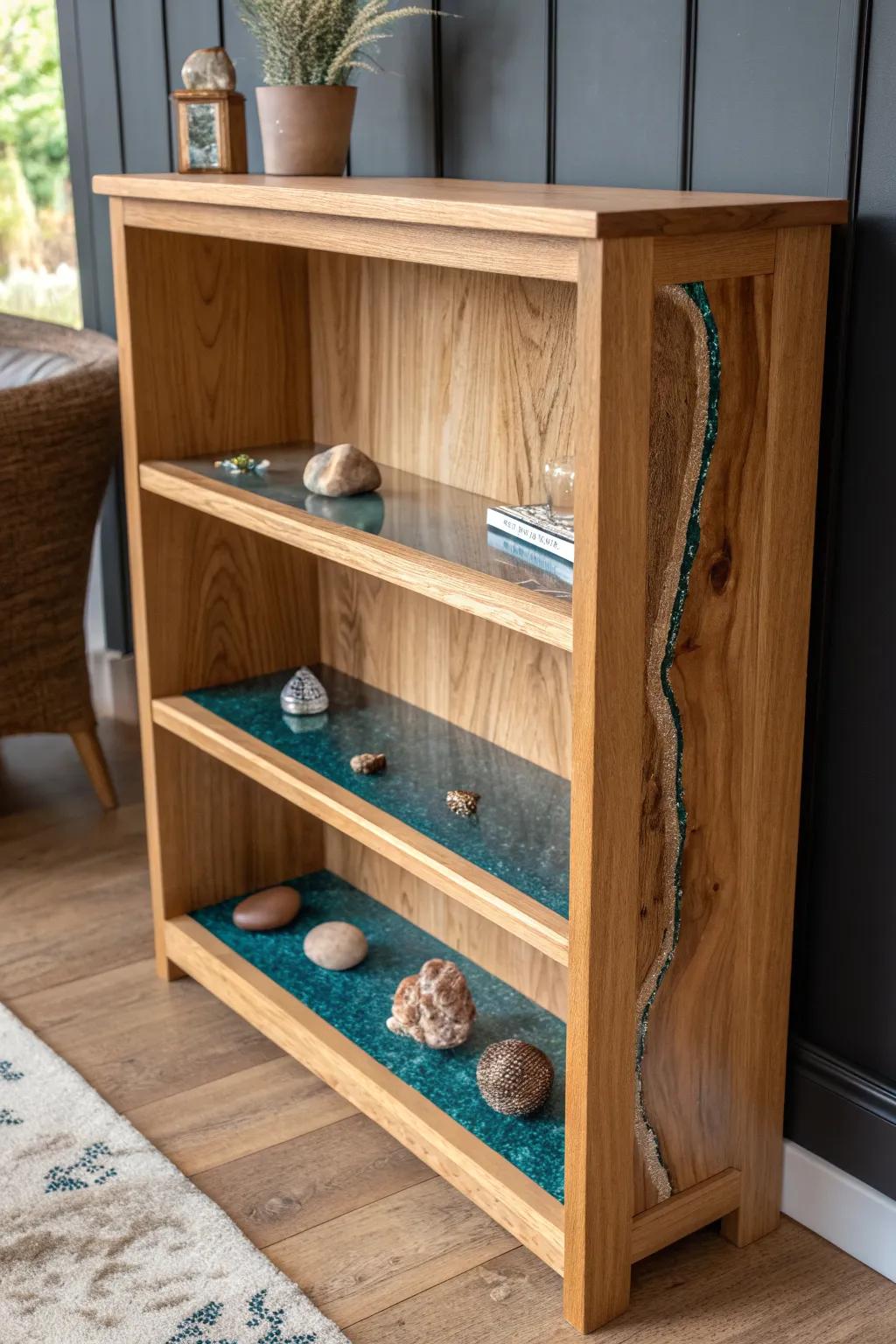 Natural oak bookshelf with resin “treasure” inlays—shells and botanicals for a quiet wow.