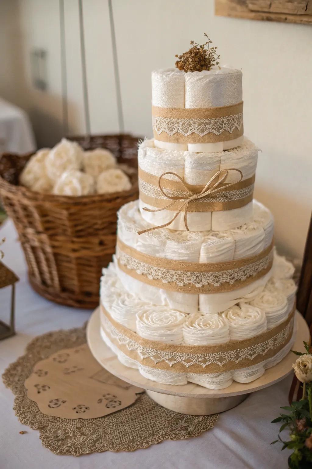 Embrace the warmth of rustic charm with a lace-wrapped diaper cake, a perfect blend of boho elegance and Scandinavian simplicity.