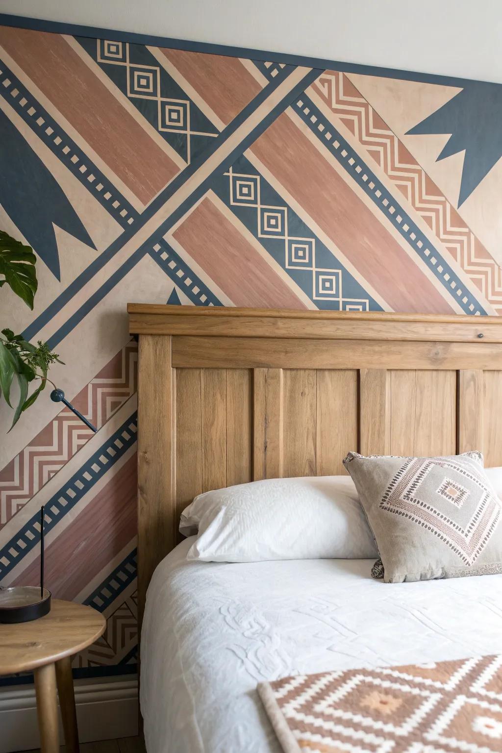 A calm farmhouse bedroom made boho—painted stencil pattern behind a natural oak headboard.