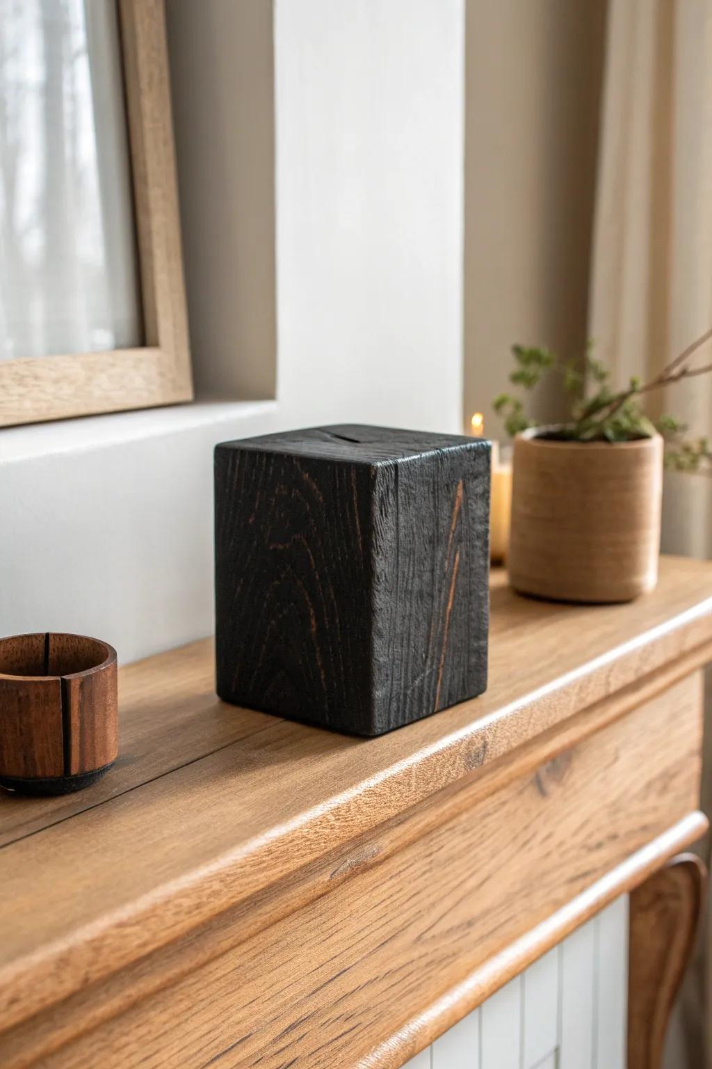 Charred wood accent block: bold black grain that instantly elevates neutral boho mantel decor.