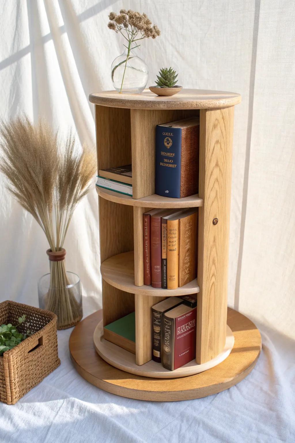 A rotating oak book carousel keeps covers face-out—like a tiny boutique bookstore at home.