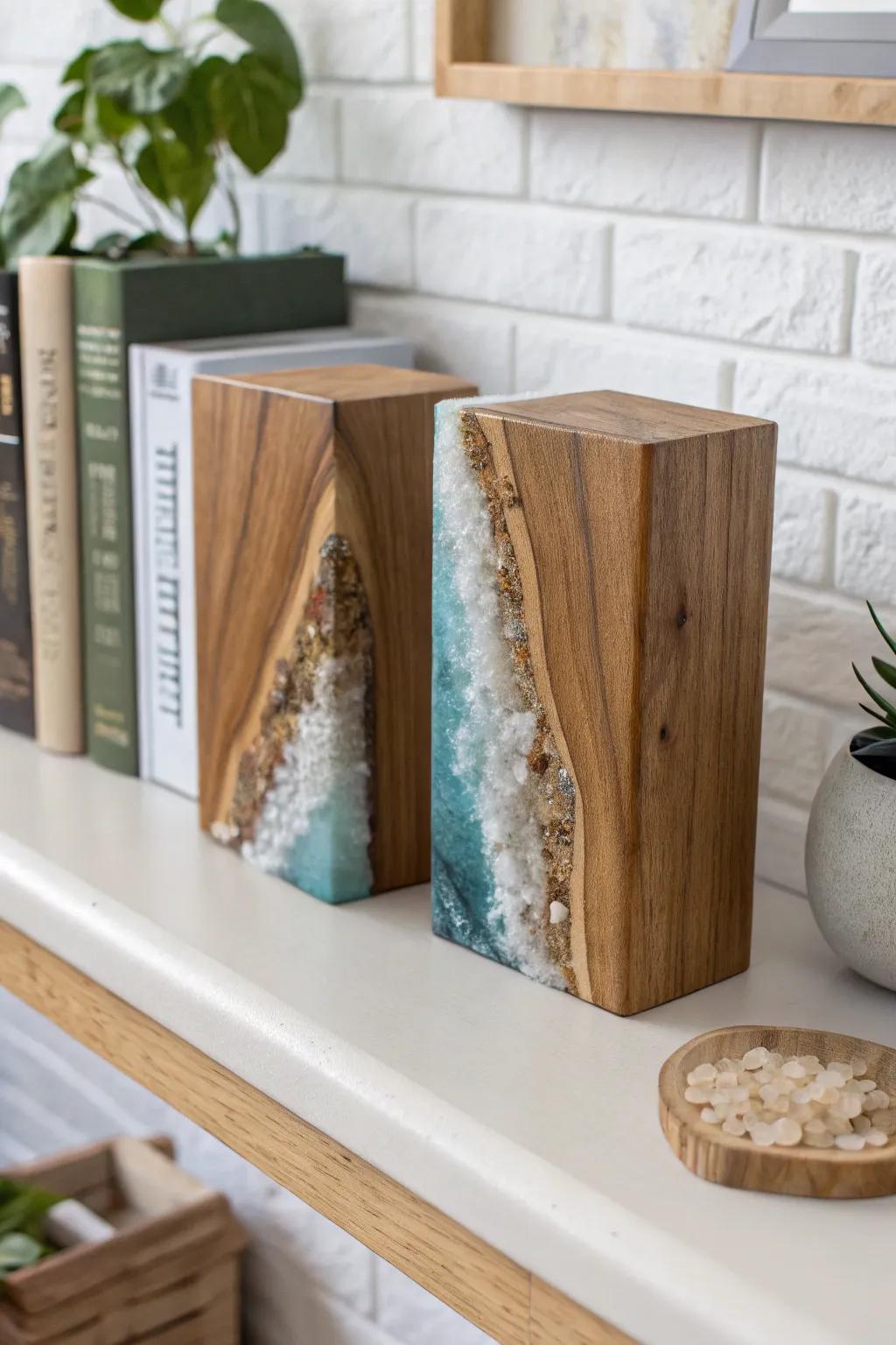 Resin river bookends: clear depth, warm walnut grain, and a bold pop of color—pure shelf art.
