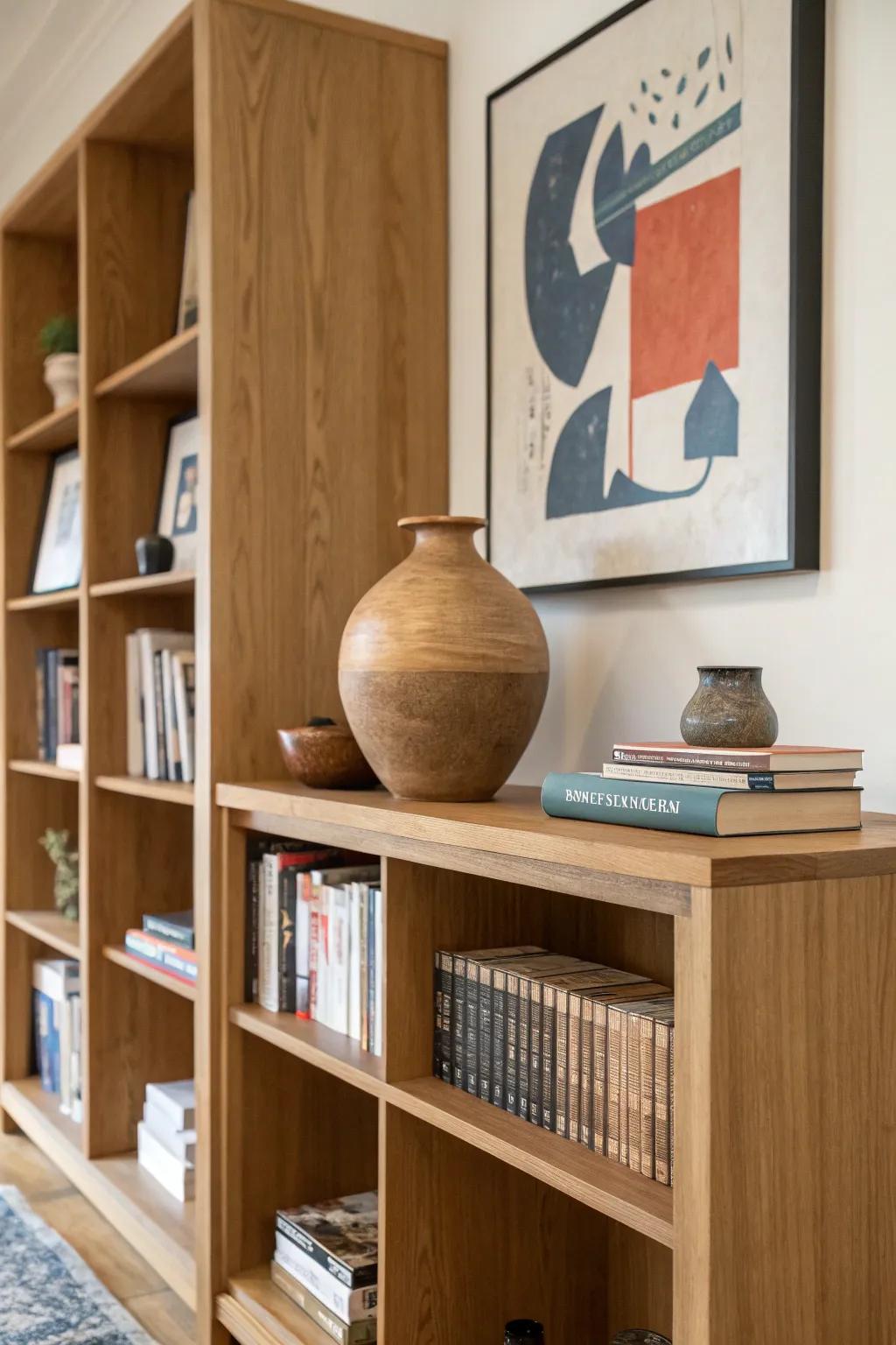 Create a feature shelf: fewer books, bigger art, and one bold wooden statement piece.