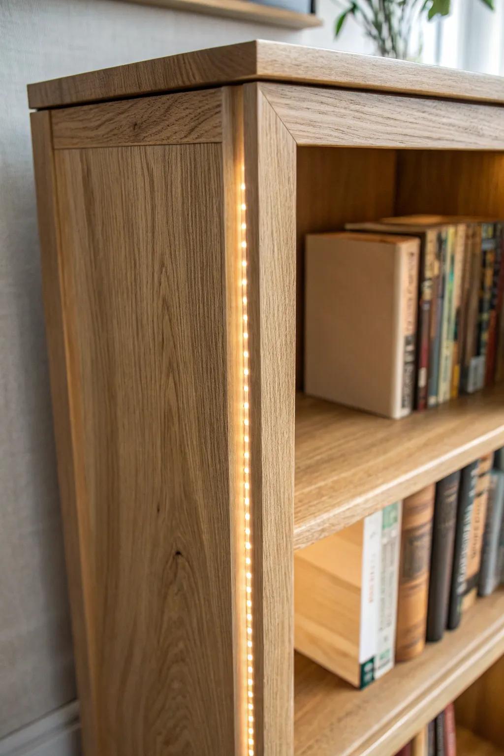 A routed “book spine” groove with warm LEDs—minimal, bold, and beautifully crafted.