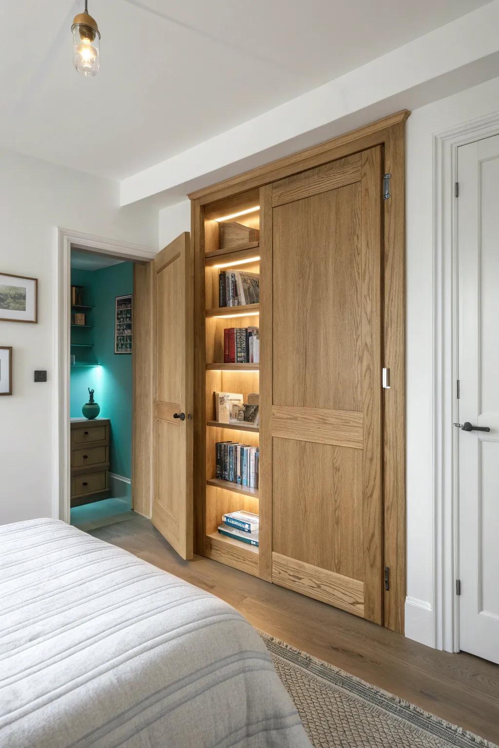 A hidden bookshelf door—oak, minimal, and slightly ajar—revealing a cozy teal-lit secret nook.
