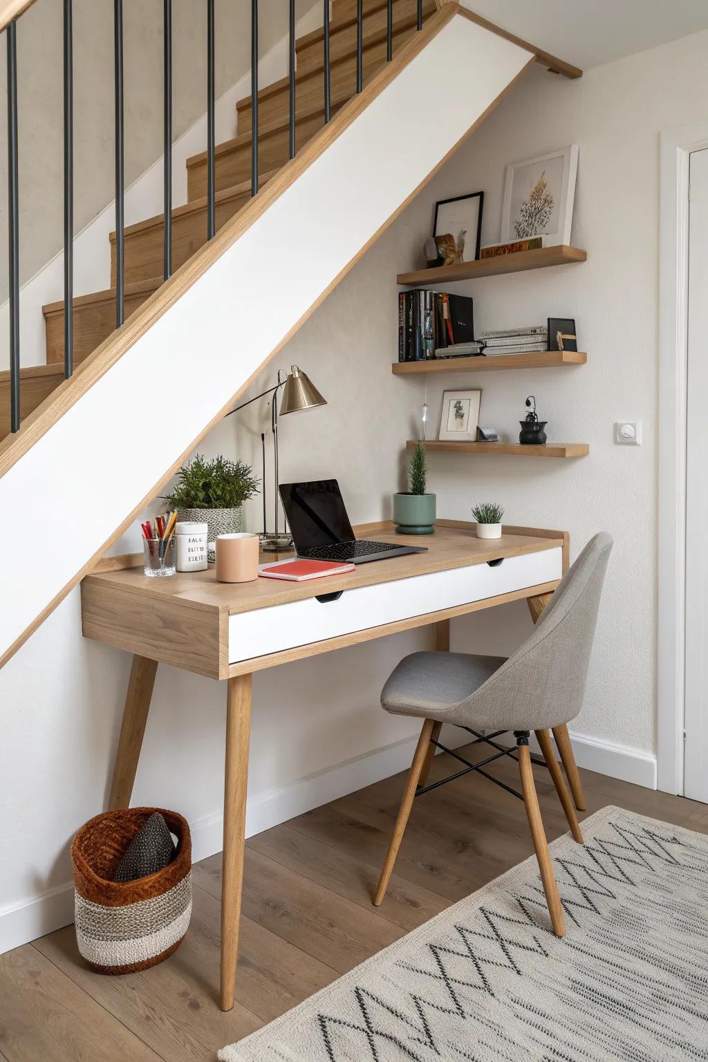 Turn the bottom of your stairs into a bold built-in desk—simple wood, shelves, and style.