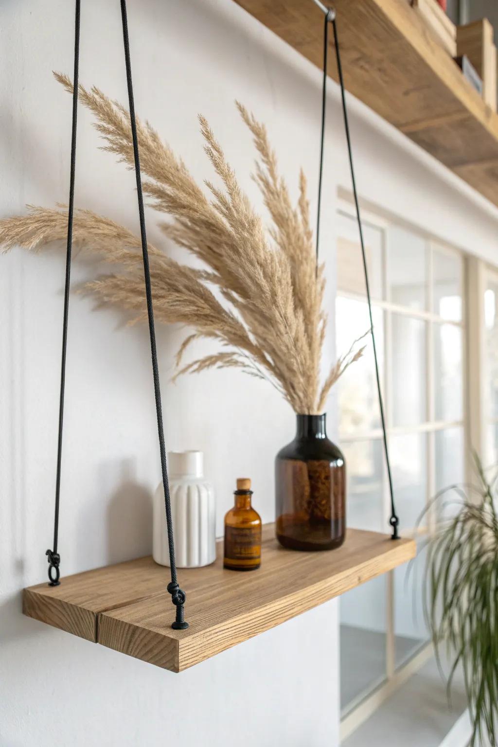 A floating oak ceiling shelf creates an airy boutique display—minimal, bold, and beautifully crafted.