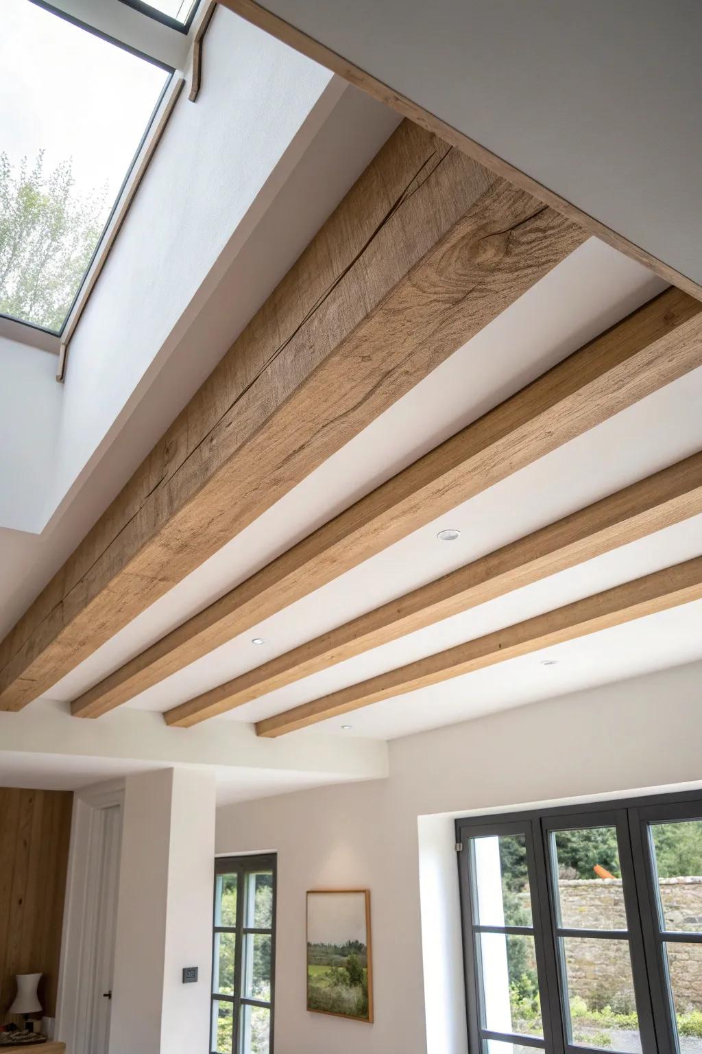 Slim oak box beam for low ceilings—clean spacing, handmade warmth, and an airy feel.