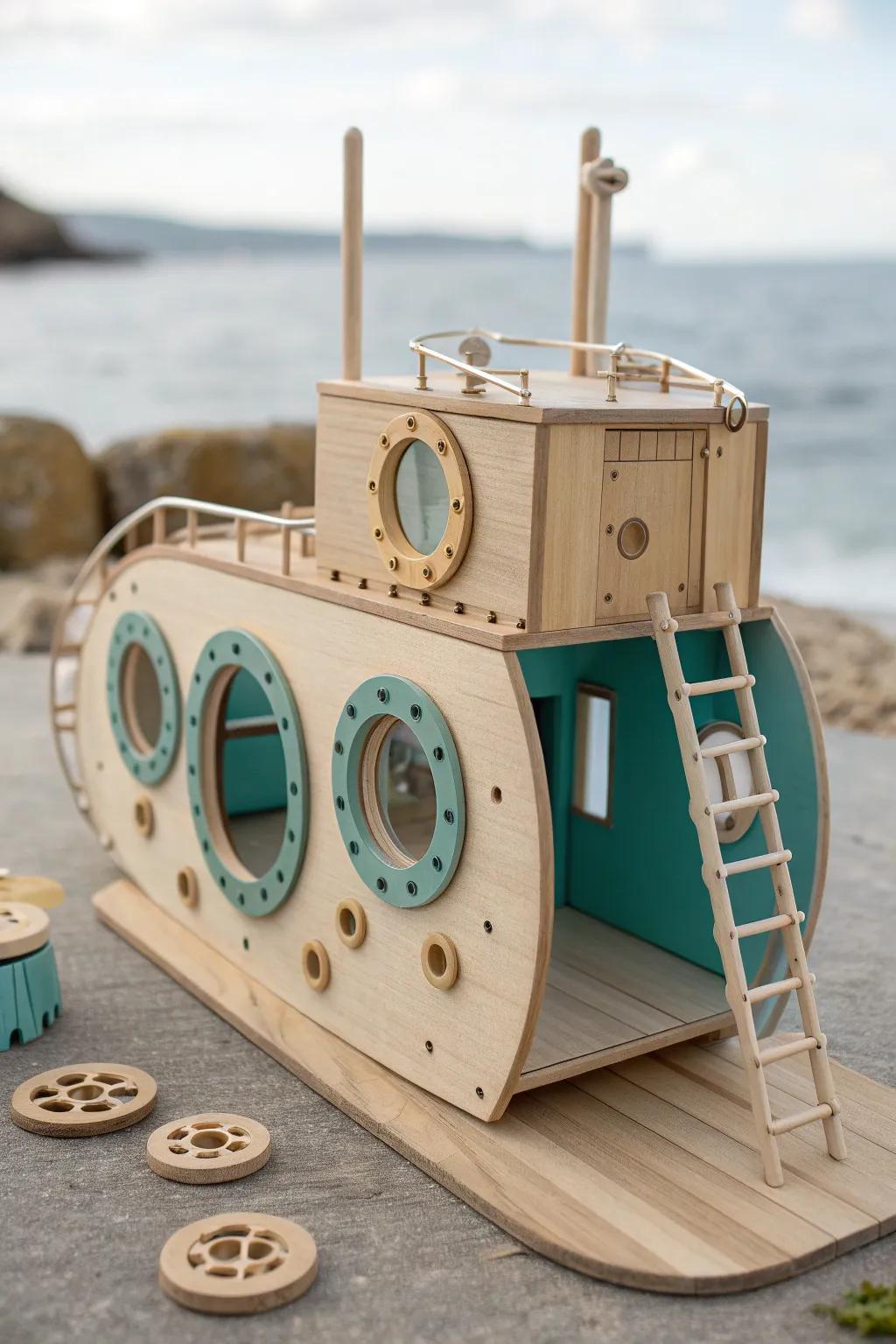 Underwater submarine base dollhouse with portholes, sea-tone walls, and tiny valve details.
