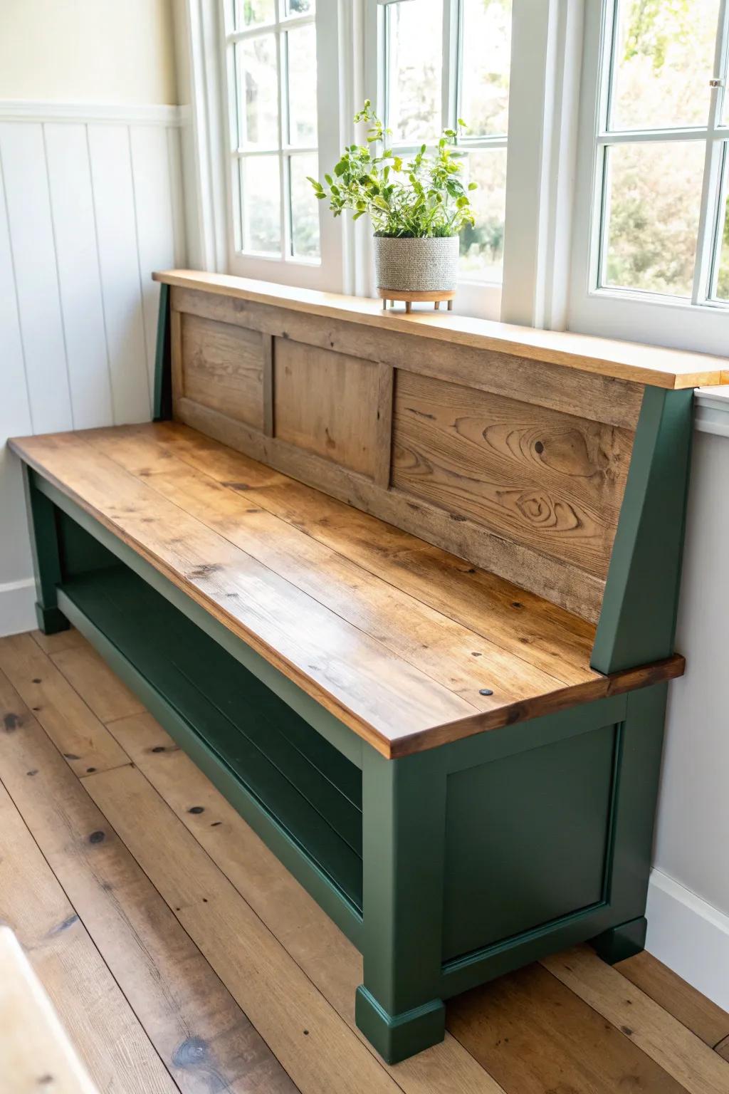 Two-tone nook bench: matte forest-green base + reclaimed wood seat, knots and all.