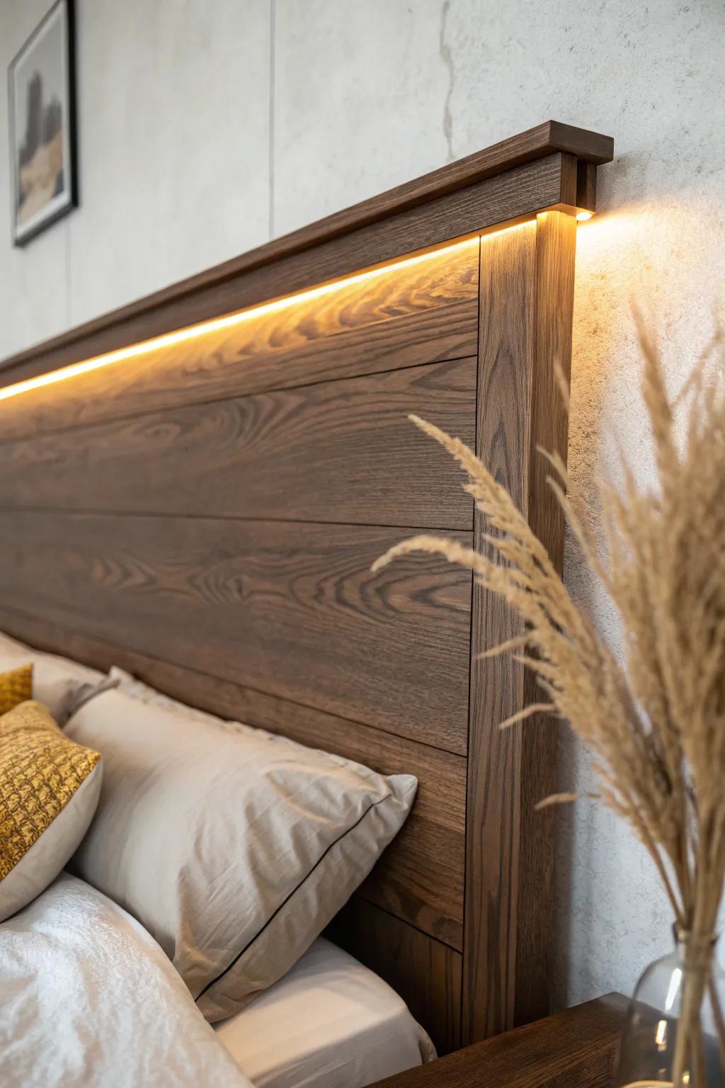 Soft amber backlight turns a dark brown wood headboard into a cozy, luxe nighttime glow.