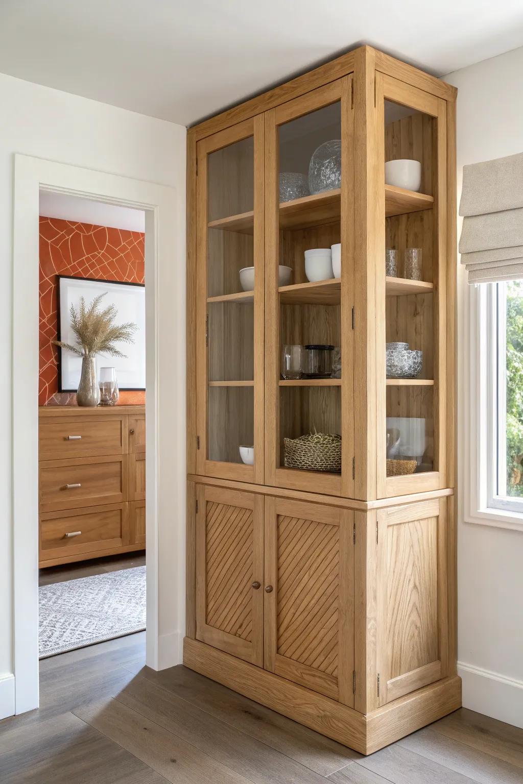 A corner-wrap built-in turns dead space into a warm, high-contrast display wall.