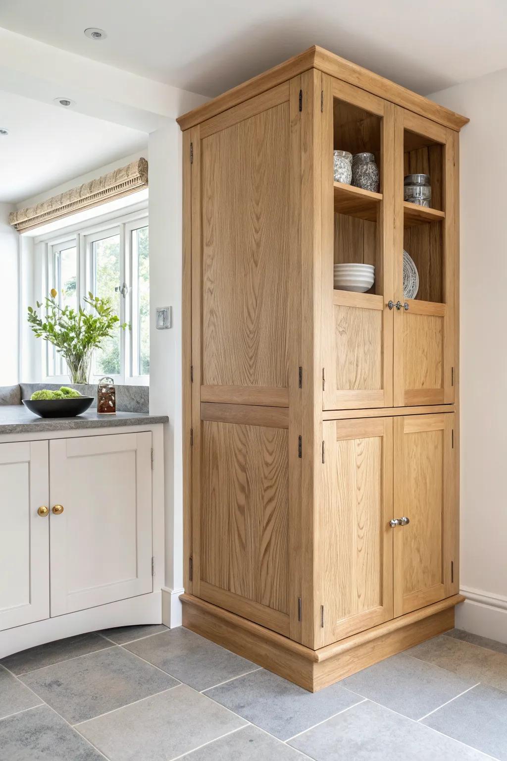 A built-in corner cabinet with a fold-down table front—smart, sculptural, space-saving.